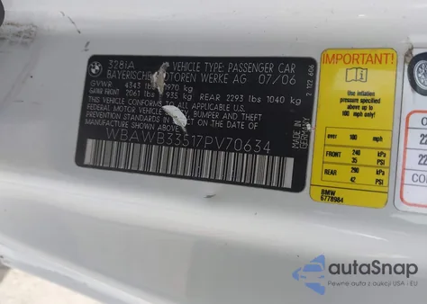 2007 BMW 328I z USA, uszkodzony, nr VIN WBAWB33517PV70634